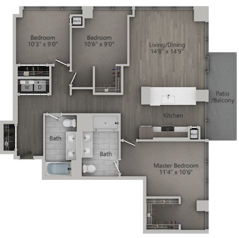Floor plan for 3 beds, 2 baths, 1300 sqft